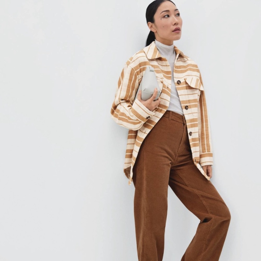 Everlane Oversized Shirt Jacket Camel Plaid Button Front Long Sleeve